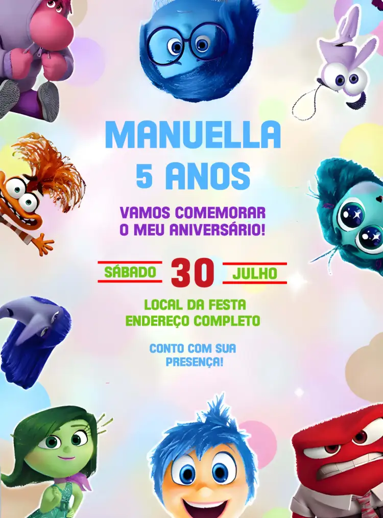 Convite Divertida Mente 2 Filme – tema Mais pesquisados colorido, divertido, lúdico, emocional, infantil