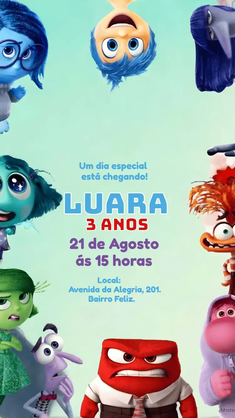Convite Divertida Mente 2 Infantil – tema Mais pesquisados colorido, moderno, lúdico, animado, infantil