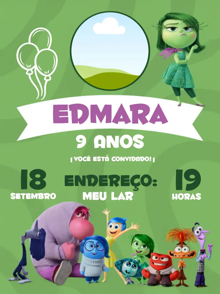 Convite Divertida Mente 2 Nojinho Com Foto Medo – tema Mais pesquisados colorido, divertido, moderninho, ilustrações de emoções, jovial, temática de filme