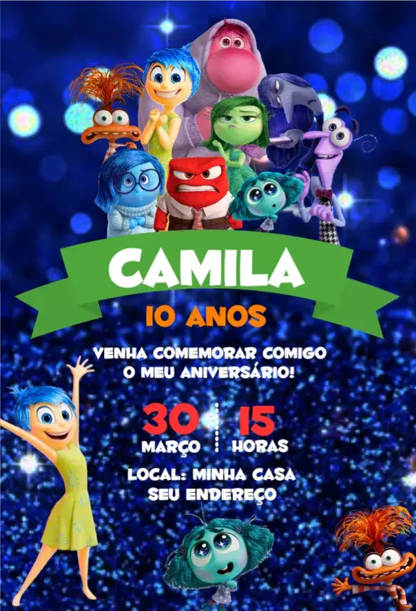Convite Divertida mente 6 – tema Aniversário colorido, divertido, moderno, infantil, animado, temático