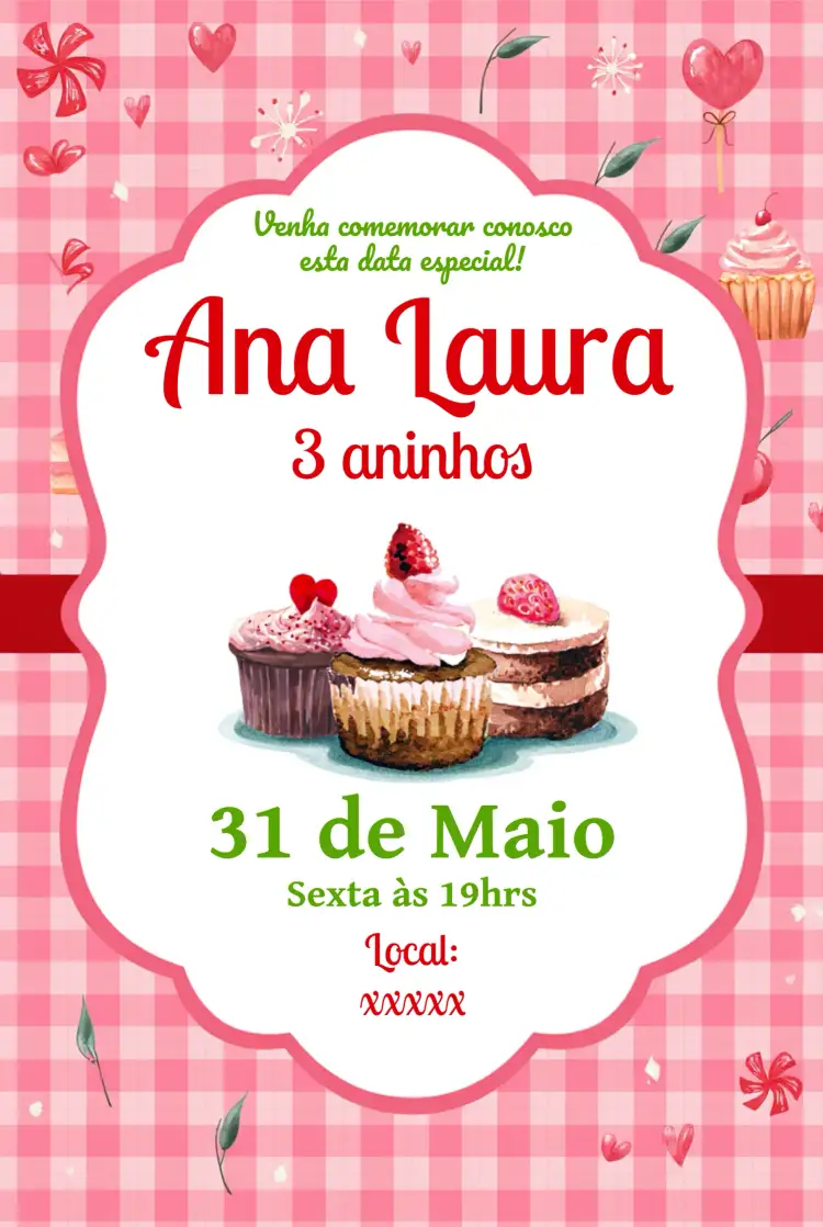 Convite Doce Cupcakes Cereja – tema Mais pesquisados doce, colorido, festivo, moderno, divertido