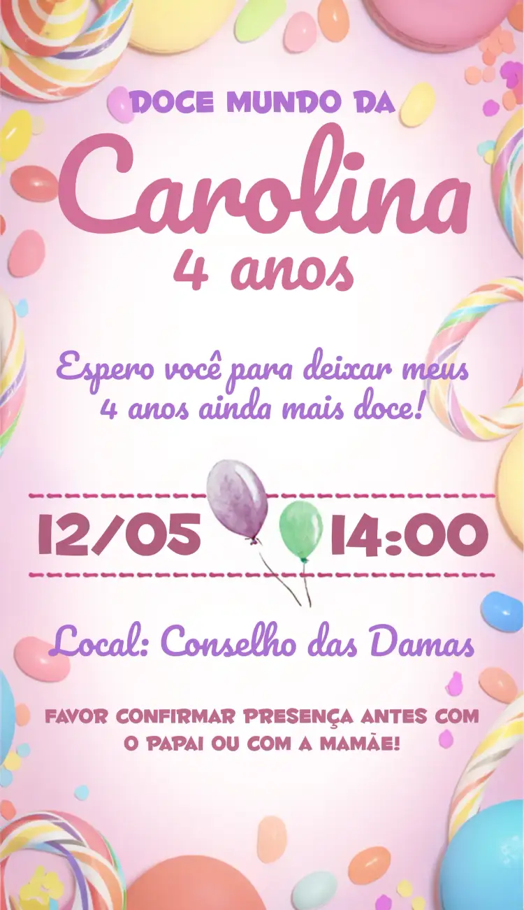 Convite Doceria Doces – tema Aniversário Infantil rosa, candy, divertido, colorido, ilustrações de doces