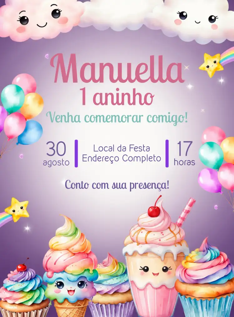 Convite Doces Bolo – tema Mais pesquisados colorido, doce, infantil, festivo, alegre, divertido