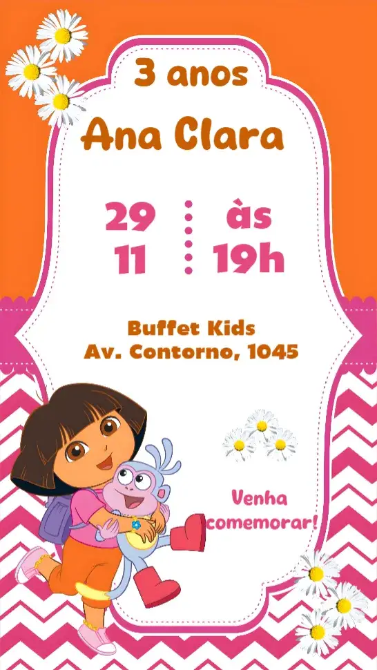 Convite Dora Aventureira – tema Aniversário Infantil colorido, educativo, aventura, infantil, divertido, temático