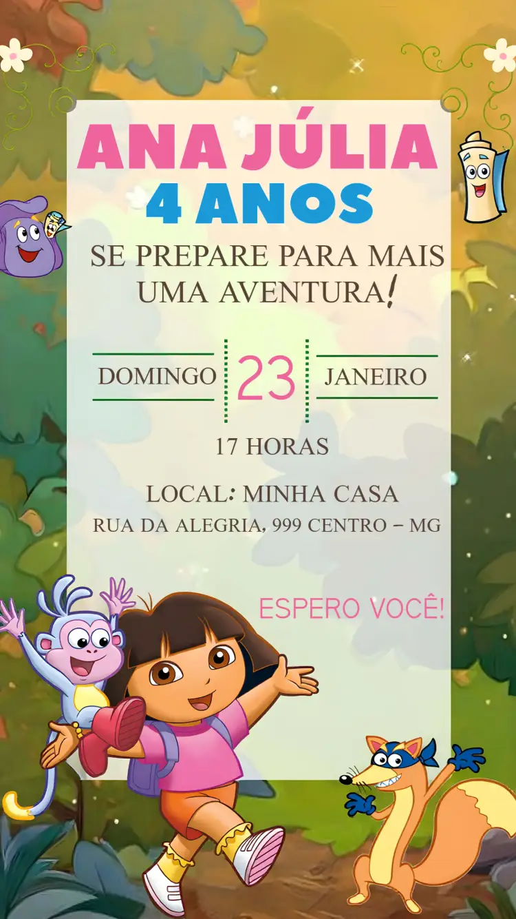 Convite Dora Aventureira Aventura – tema Mais pesquisados colorido, infantil, aventura, floresta, divertido