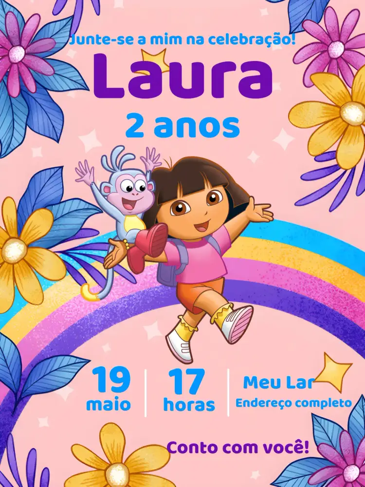Convite Dora Aventureira Barato – tema Mais pesquisados cores vibrantes, estilo infantil, elementos gráficos divertidos, tema de aventura, design lúdico
