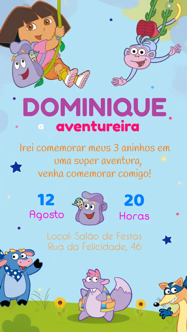 Convite Dora Aventureira Infantil – tema Mais pesquisados colorido, aventura, infantil, ilustrações divertidas, personagens, alegria