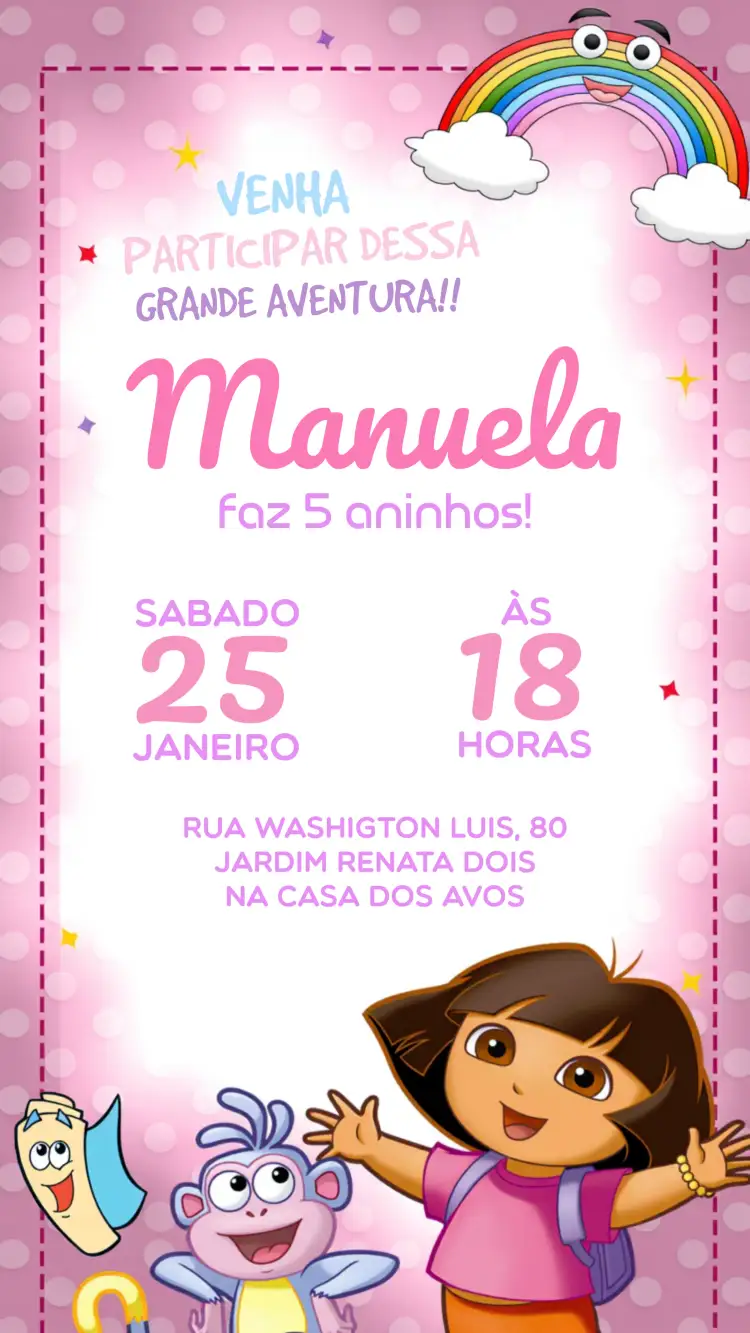 Convite Dora Aventureira Roxo – tema Aniversário Infantil roxo, lilás, infantil, aventura, colorido, divertido