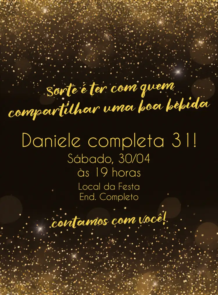 Convite Dourado Adulto – tema Aniversário dourado, preto, modernidade, glitter, sofisticação, celebração