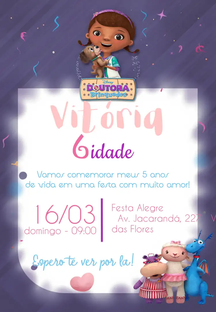 Convite Doutora Brinquedos Infantil – tema Aniversário Infantil colorido, divertido, infantil, personagens, brinquedos, feliz