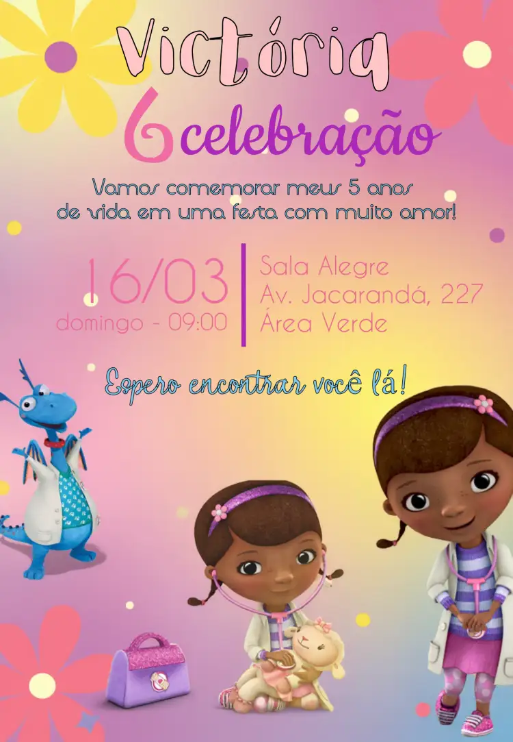 Convite Doutora Brinquedos Pelucias – tema Aniversário Infantil colorido, lúdico, divertido, infantil, brinquedos, pelúcias