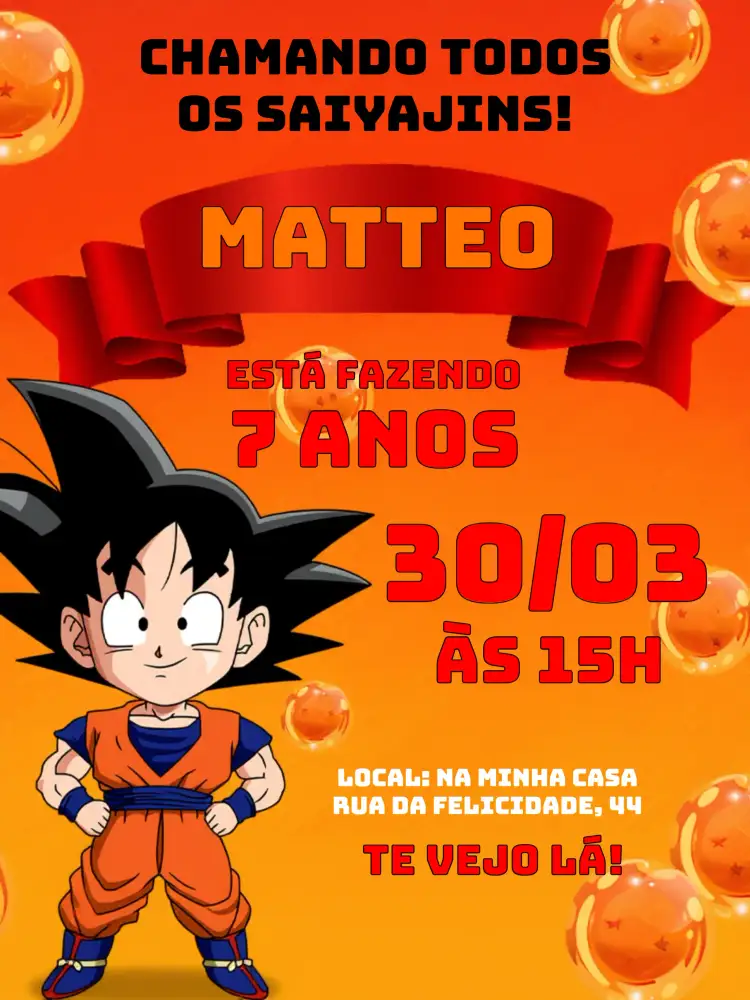 Convite Dragon Ball Goku Dragão – tema Mais pesquisados vibrante, anime, carnaval de cores, ilustrações animadas, temática de aventura
