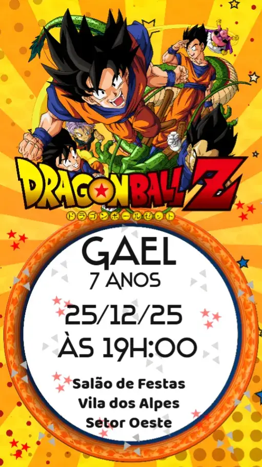 Convite Dragon Ball Z – tema Aniversário Infantil cores vibrantes, estilo anime, elementos gráficos do Dragon Ball, design dinâmico, temática divertida
