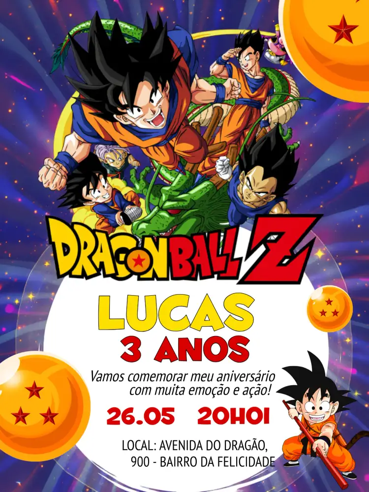 Convite Dragon Ball Z Azul – tema Mais pesquisados anime, temático, colorido, vibrante, jovial