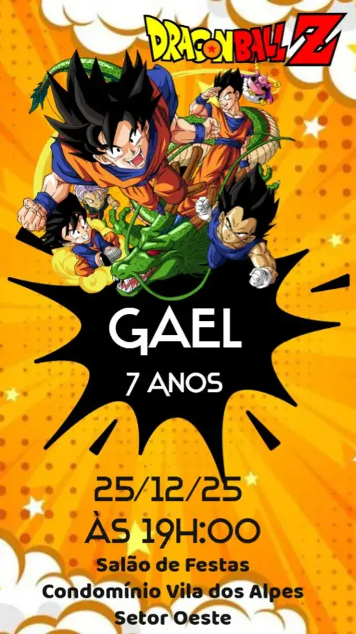 Convite Dragon Ball Z – tema Aniversário Infantil colorido, divertido, anime, jovial, dinâmico