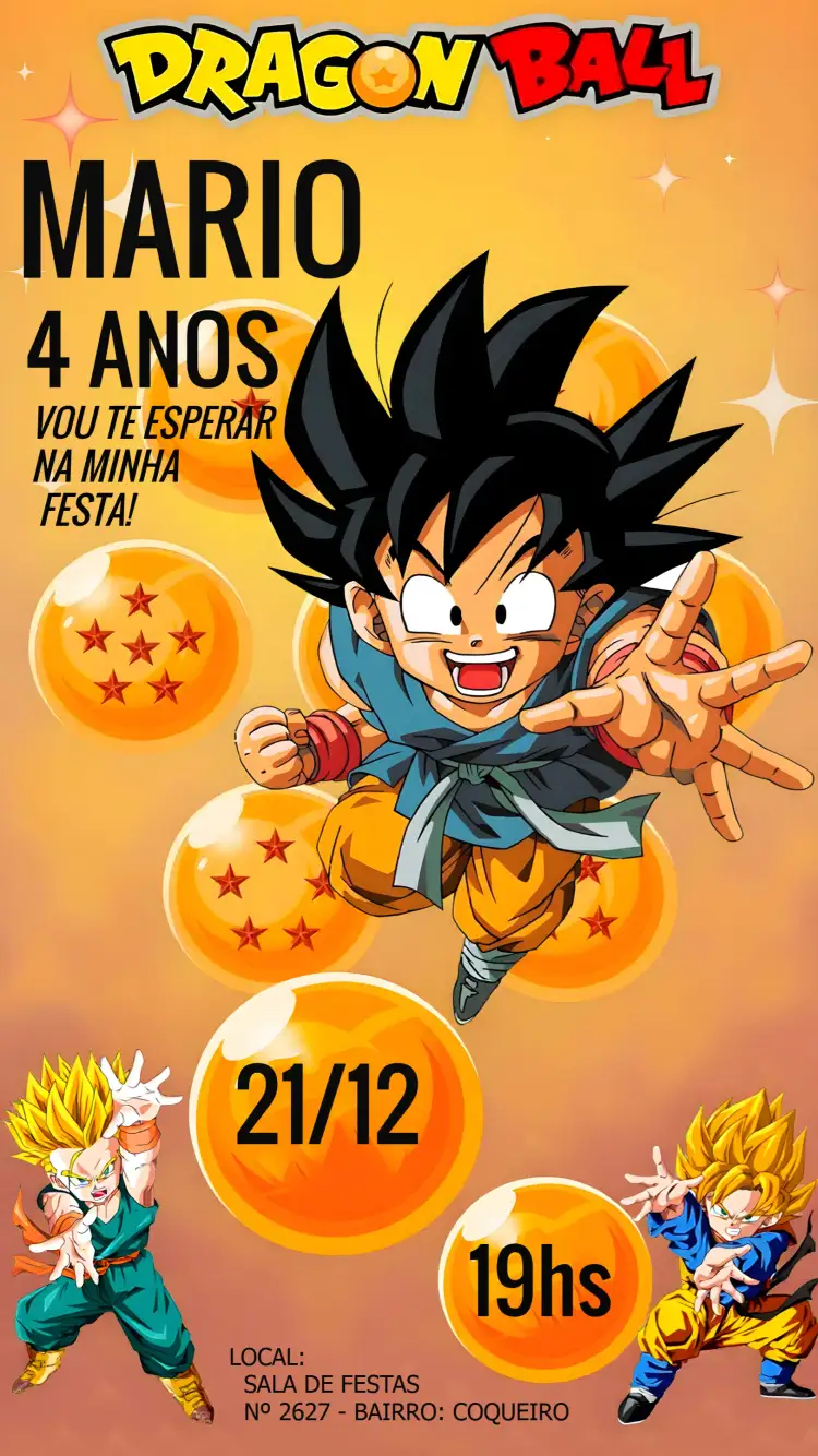 Convite Dragon Ball Z Preto – tema Mais pesquisados anime, moderno, colorido, temático, jovem, divertido
