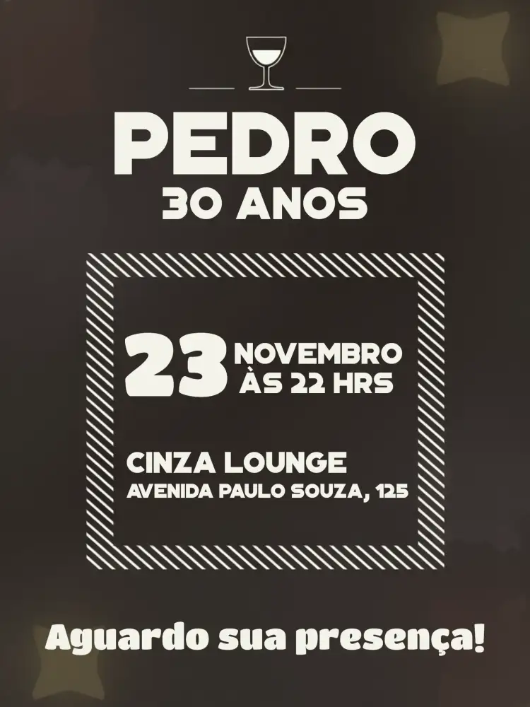 Convite Drink Branco – tema Aniversário minimalista, preto e branco, elegante, moderno, sutil, contemporâneo