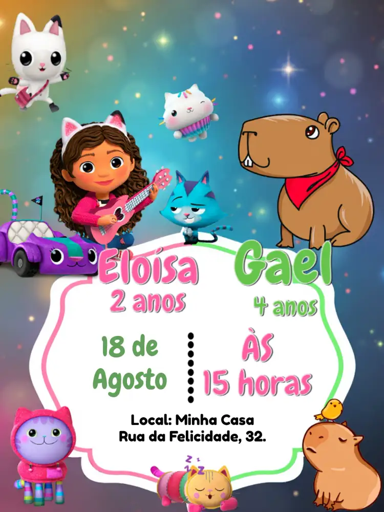 Convite Duplo A Casa Mágica Da Gabby E Capivara Capibara – tema Aniversário Infantil mágico, colorido, fantasia, divertido, aventura, natureza