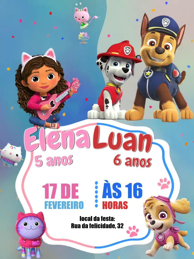 Convite Duplo A Casa Mágica Da Gabby E Patrulha Canina Menino – tema Mais pesquisados colorido, animado, temático, infantil, divertido