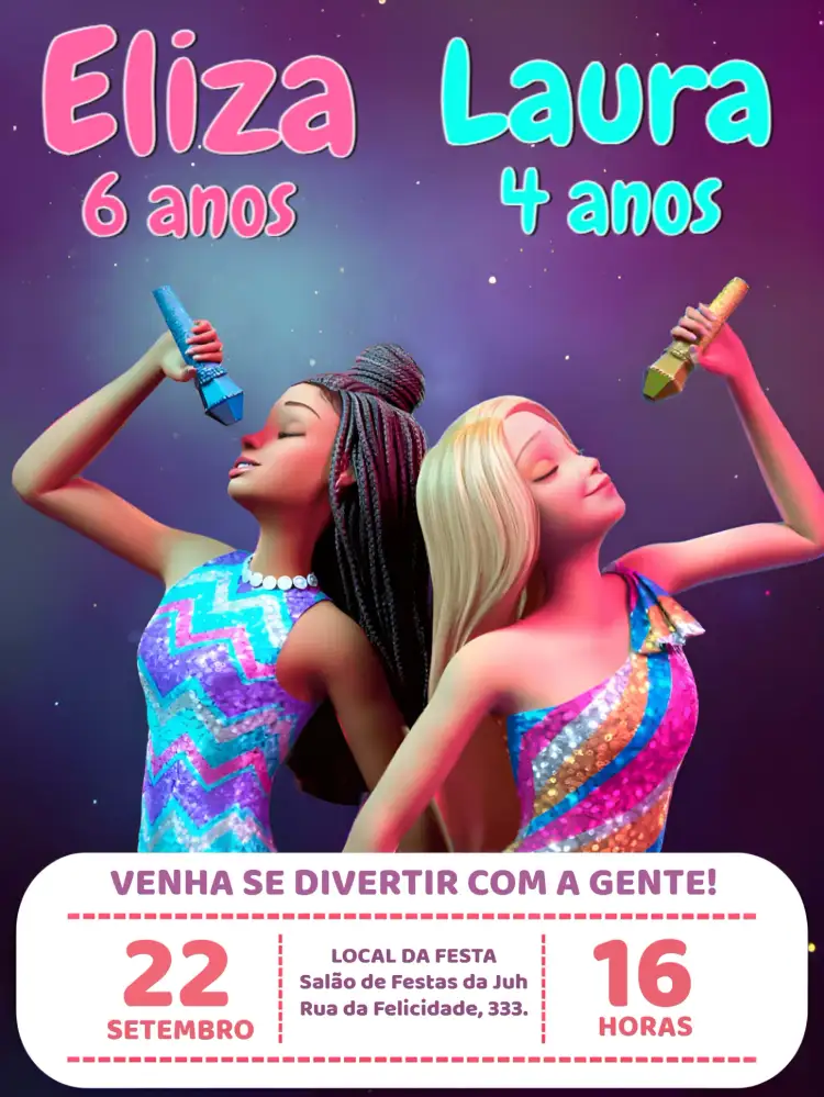 Convite Duplo Barbies Rosa – tema Aniversário Infantil feminino, colorido, divertido, moderno, inspirado em Barbie, lúdico