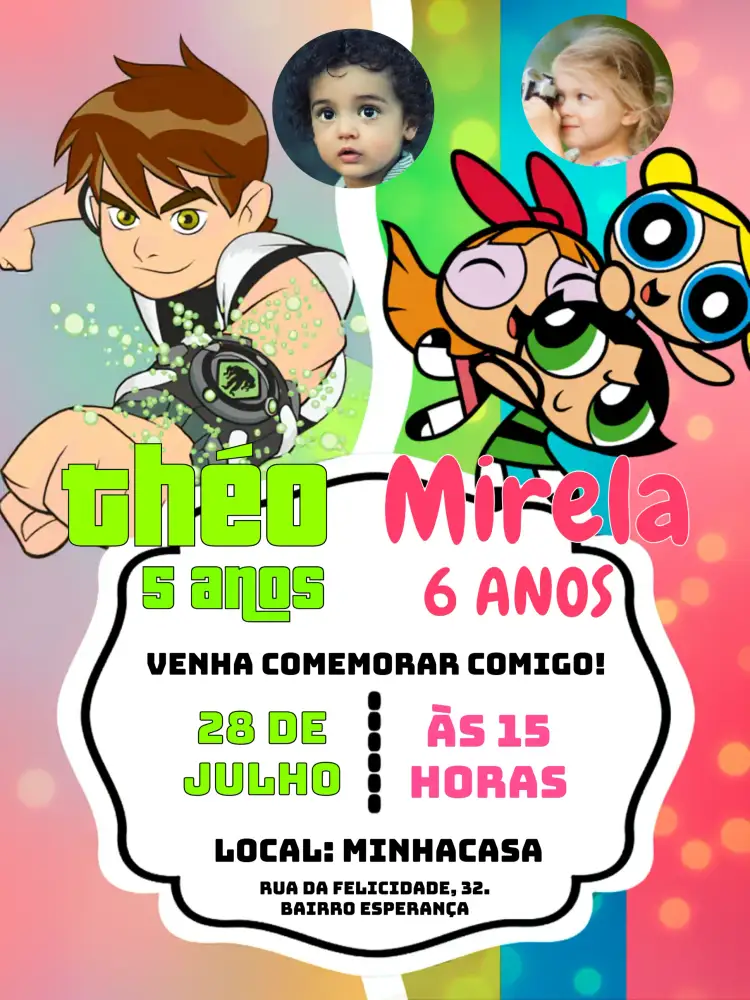Convite Duplo Ben 10 E As Meninas Super Poderosas Com Foto – tema Aniversário Infantil colorido, aventura, super-heróis, divertido, infantil, dinâmico