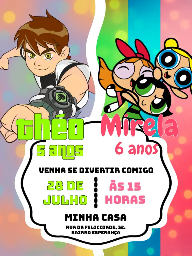 Convite Duplo Ben 10 E As Meninas Super Poderosas Temas – tema Aniversário Infantil colorido, divertido, animado, infantil, temático