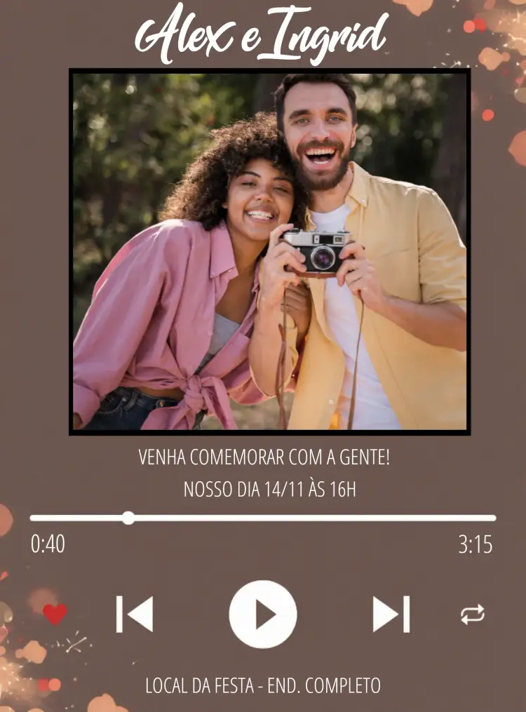 Convite Duplo Casal Spotify Com Foto Música – tema Aniversário moderno, vibrante, musical, romântico, casual