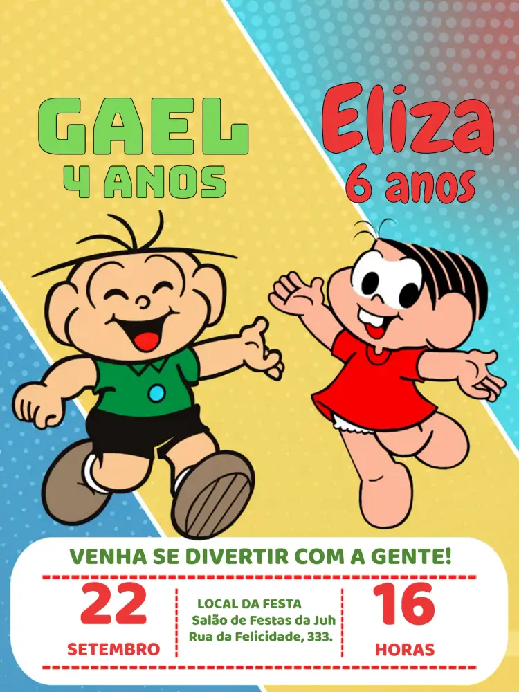 Convite Duplo Cebolinho E Mônica Turma editável e personalizável