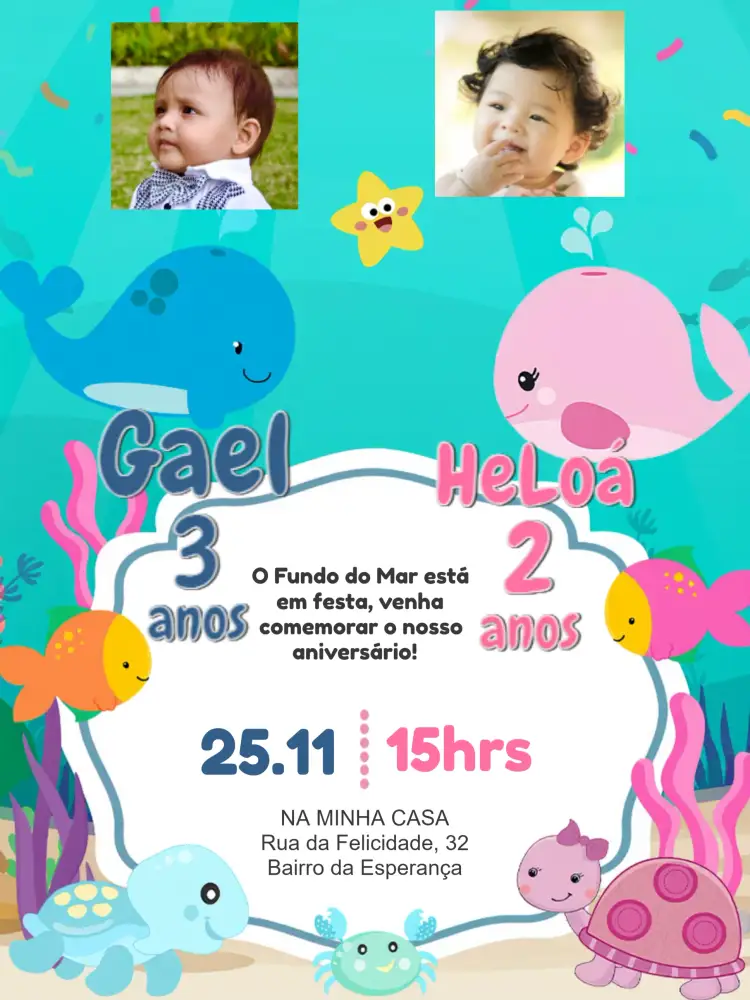 Convite Duplo Fundo Do Mar Com Foto Rosa – tema Aniversário Infantil fundo do mar, colorido, divertido, infantil, temático, marinho