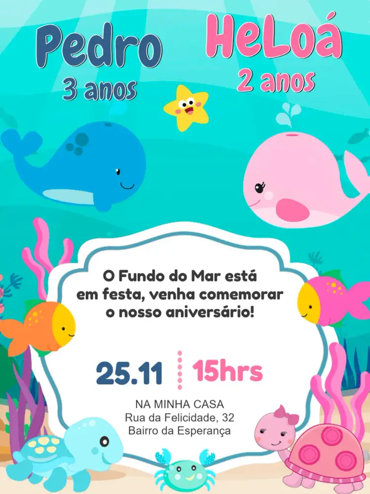 Convite Duplo Fundo Do Mar Menina – tema Aniversário Infantil fundo do mar, colorido, lúdico, infantil, marinho