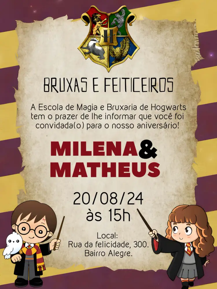 Convite Duplo Harry Potter E Hermione Irmãos – tema Aniversário Infantil mágico, temático, colorido, infantil, fantasia