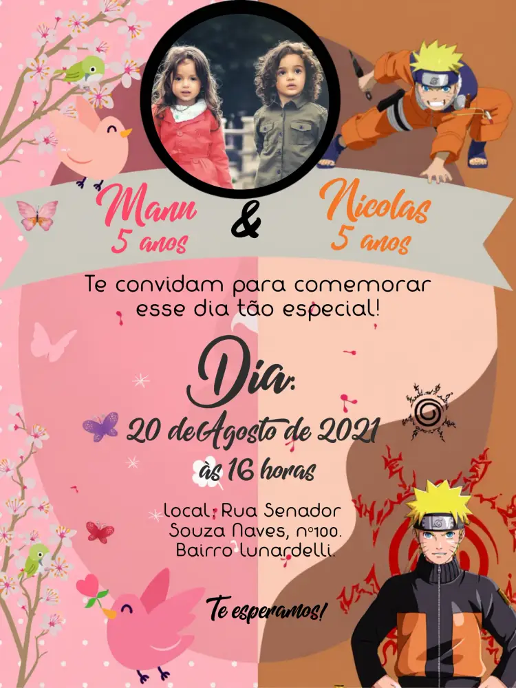 Convite Duplo Jardim Encantado E Naruto Com Foto Menina