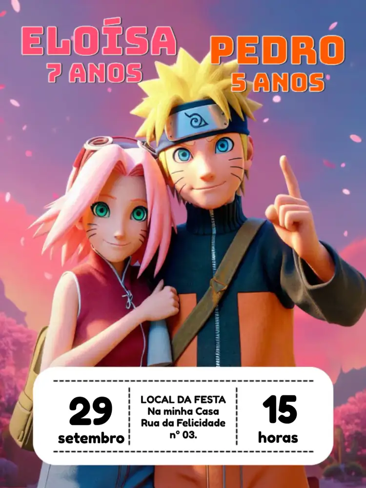 Convite Duplo Naruto E Sakura Akatsuki – tema Aniversário Infantil anime, jovial, colorido, temático, divertido