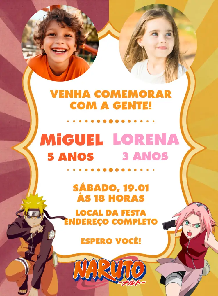 Convite Duplo Naruto E Sakura Com Foto Menino – tema Aniversário Infantil anime, colorido, divertido, moderno, jovem