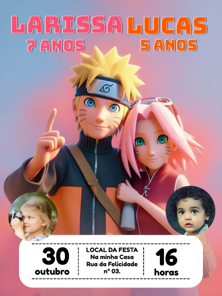 Convite Duplo Naruto E Sakura Com Foto Temas