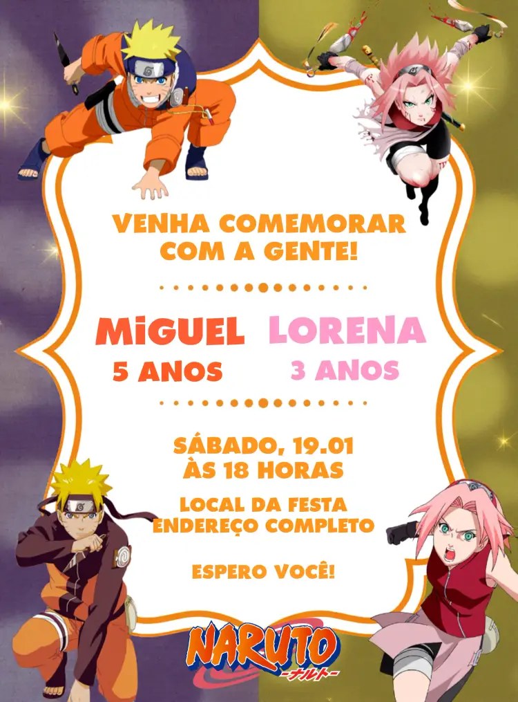 Convite Duplo Naruto E Sakura Menino