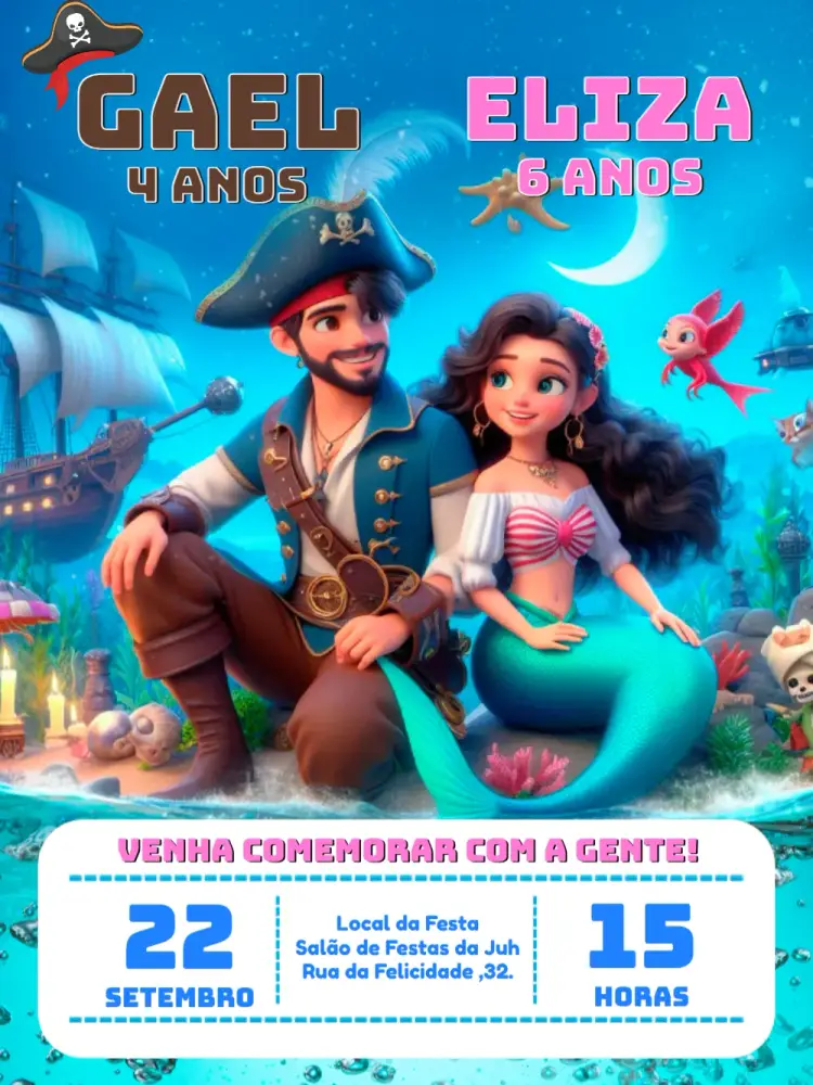 Convite Duplo Pirata E Sereia Fundo