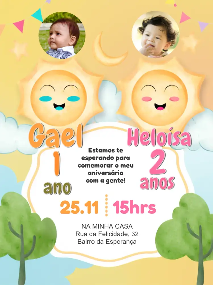 Convite Duplo Primeira Volta Ao Sol Com Foto Estrela – tema Primeira Comunhão colorido, infantil, brilhante, mágico, moderno, divertido