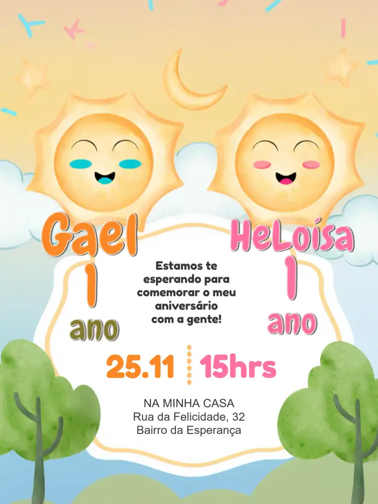 Convite Duplo Primeira Volta Ao Sol Laranja – tema Primeira Comunhão cores vibrantes, estilo lúdico, elementos gráficos infantis, design alegre, tema celestial