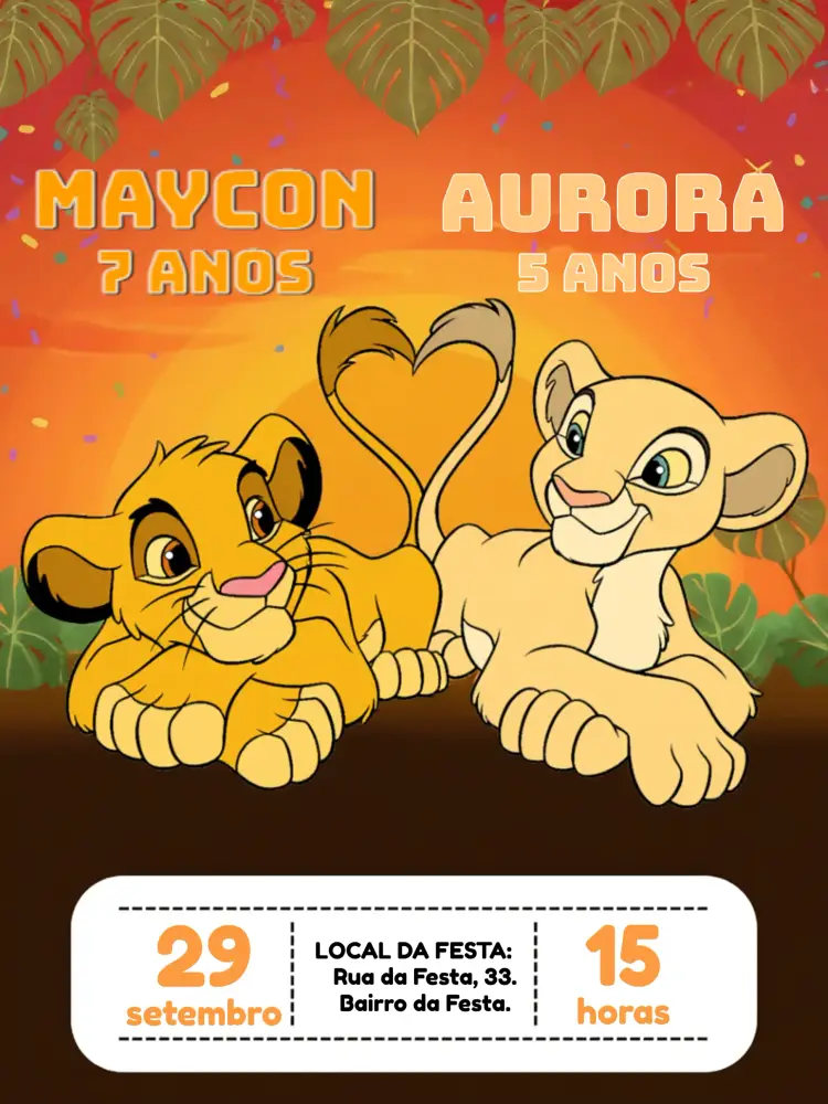Convite Duplo Simba E Nala Leão