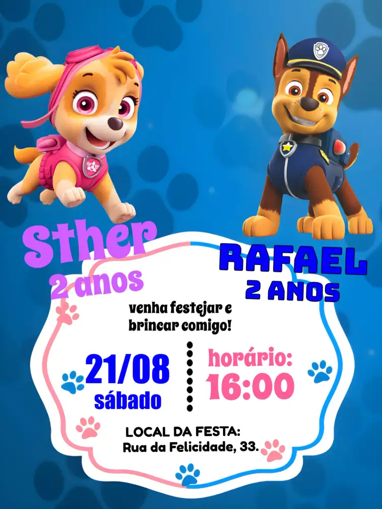 Convite Duplo Skye E Chase Patrulha Canina Temas – tema Mais pesquisados colorido, infantil, animado, moderno, divertido