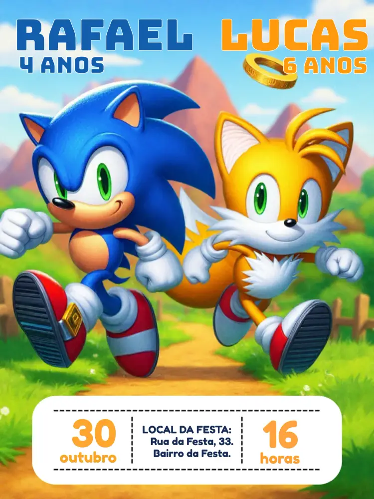 Convite Duplo Sonic E Tails Menino
