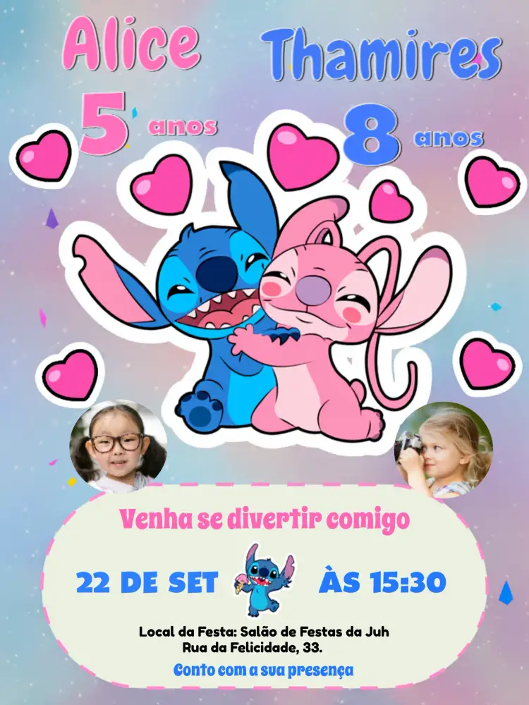 Convite Duplo Stitch E Angel Com Foto Infantil – tema Mais pesquisados colorido, divertido, temático, infantil, animado