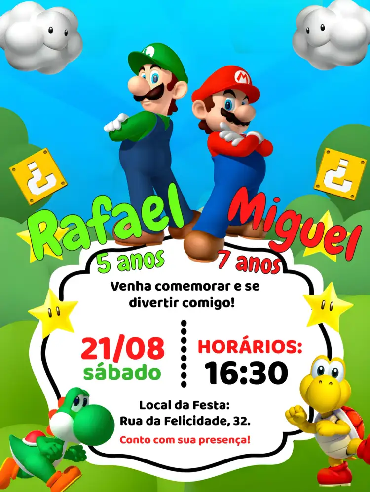 Convite Duplo Super Mario E Luigi World – tema Mais pesquisados vibrante, jogos, colorido, temático, divertido, infantil