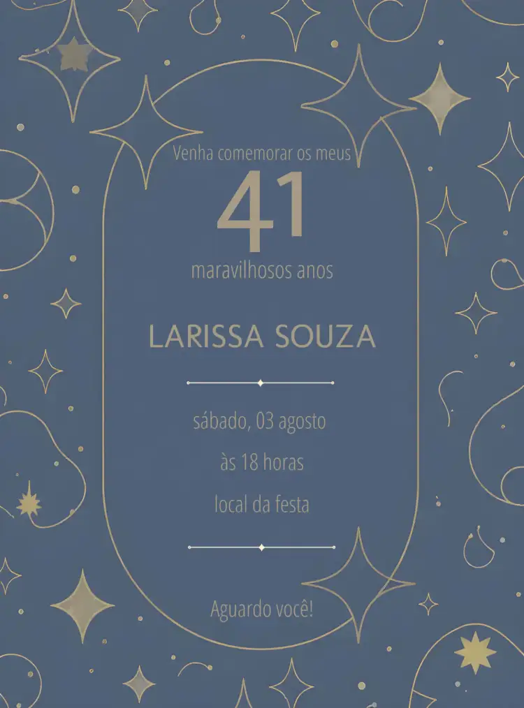 Convite Elegante Azul E Dourado Adulto – tema Aniversário elegante, moderno, dourado, azul, clássico, sofisticado