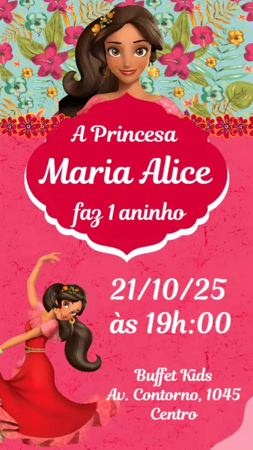 Convite Elena de Avalor – tema Aniversário Infantil cores vibrantes, temática de princesa, ilustrações mágicas, estilo infantil, elementos de aventura