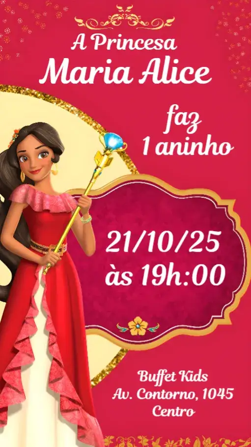 Convite Elena de Avalor – tema Aniversário Infantil cores vibrantes, temática de princesa, ilustrações encantadoras, elementos mágicos, design infantil, estilo divertido