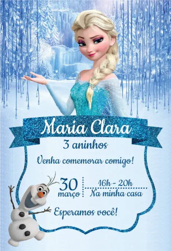 Convite Elsa 1 – tema Aniversário azul claro, neve, fantasia, ilustrações coloridas, elementos de gelo, estilo lúdico