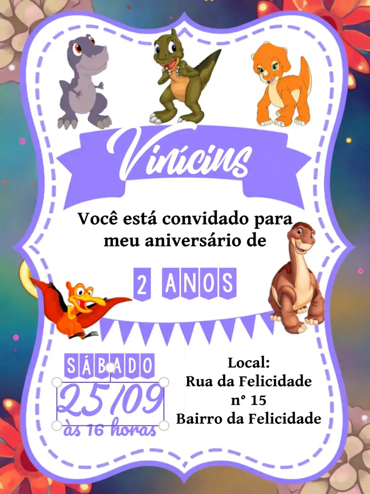 Convite Em Busca Do Vale Encantado Branco – tema Aniversário Infantil dinossauros, infantil, floral