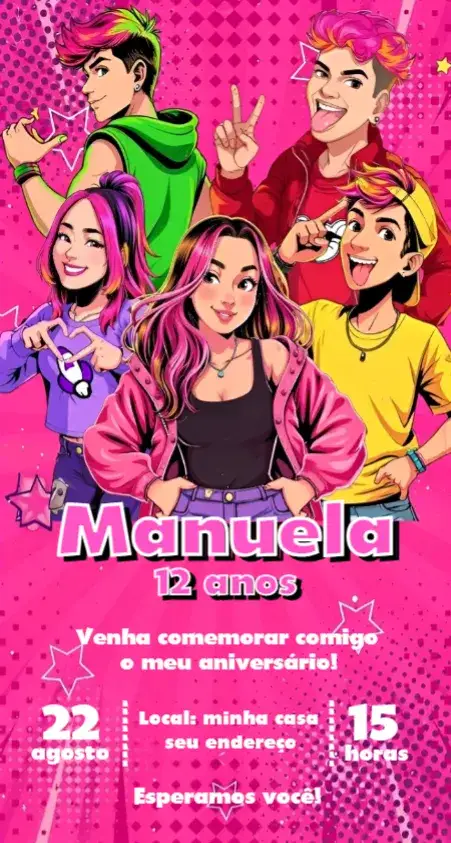 Convite Emilly Vick 6 – tema Aniversário cores suaves, lúdico, divertido, temática infantil, elementos gráficos alegres